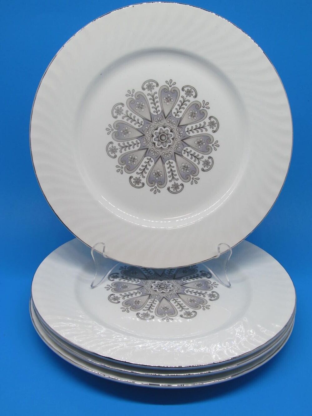 Enoch Wedgwood Manchester Set Of 4 Platinum Trim 10" Dinner Plates VGC